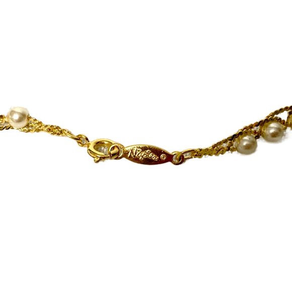 Vintage Signed Napier Faux Pearl Woven Gold Tone Necklace Chain 24" - Picture 9 of 9